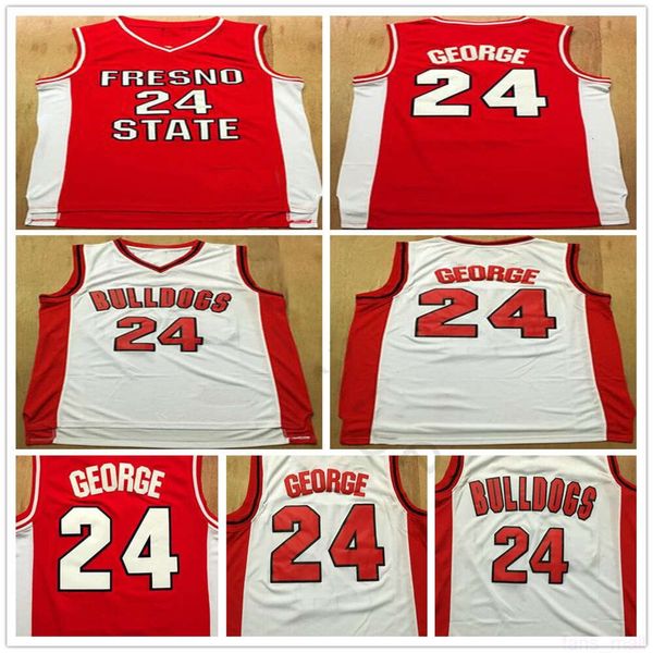 Costurado NCAA Fresno State Bulldogs College Basketball Jerseys Paul 24 George Red Branco PaulGeorge 24 University Jersey Camisas S-XXL