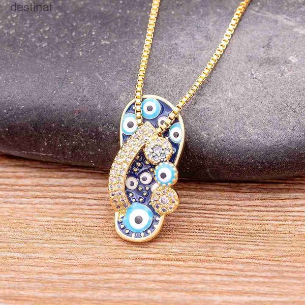 Collane con ciondolo Nidin Mirco Pave CZ Strass Smalto Ciondolo pantofola per le donne Collana blu malocchio Catena placcata oro Gioielli estivi per festeL242313