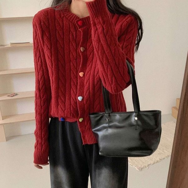 Koreanischer Rundhalsausschnitt, weich, wachsartig, fauler Stil, dick, gebratener Teig, verdreht Pullover, Mantel, Damenfarbe, Liebesknopf, Strick-Cardigan, Top-Stil