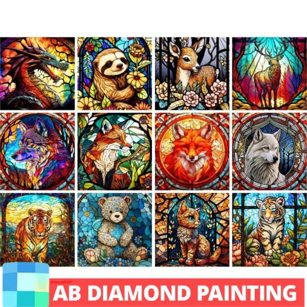 Punto AB Pittura Diamante Pieno Quadrato Rotondo Ricamo Mosaico di Vetro Colorato Animale Bradipo Cervo Lupo Tigre Orso 2023 Nuovi Arrivi Decor