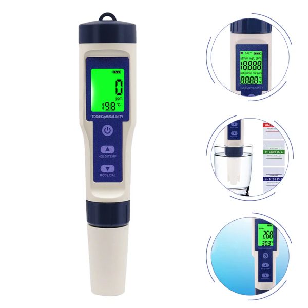 Parçalar Tuzluluk Metre Dijital Test Cihazı Tuzlu Su Havuzu Akvaryumu PH Yüksek Accuracy Deniz Suyu Yüksek Meclisi 5in1 Balık tankı