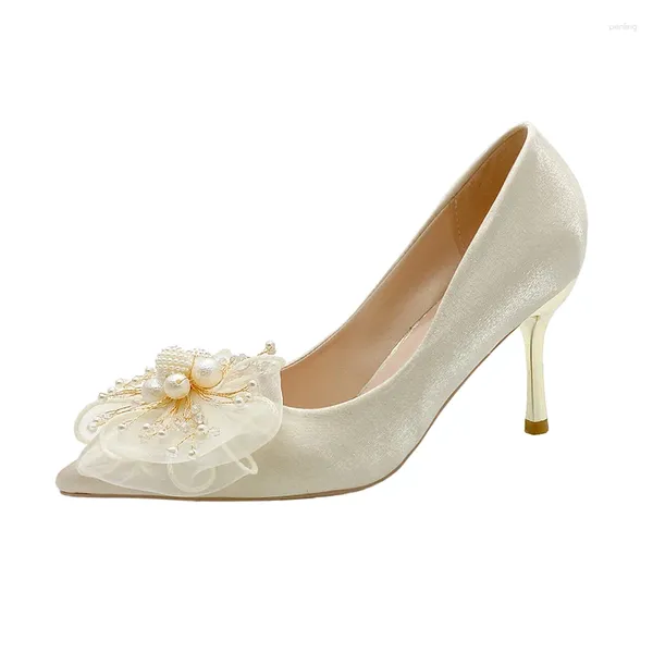 Sapatos de vestido Luxo Pérola Bowtie Bombas de Casamento Mulheres 2024 Outono Silk Apontou Toe Salto Alto Mulher Deslizamento em Festa de Salto Fino