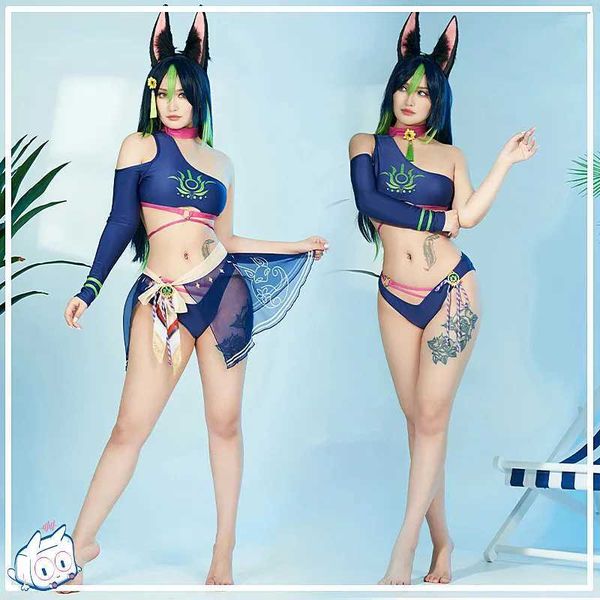 Yüzme Giyim Pembe Tighnari İki Parça Mayo Oyunu Genshin Etki Kostümü Kadınlar Yaz Karnaval Bikini Anime Set Seksi Mayo Boyutları S-XL Sucul Sports 240311