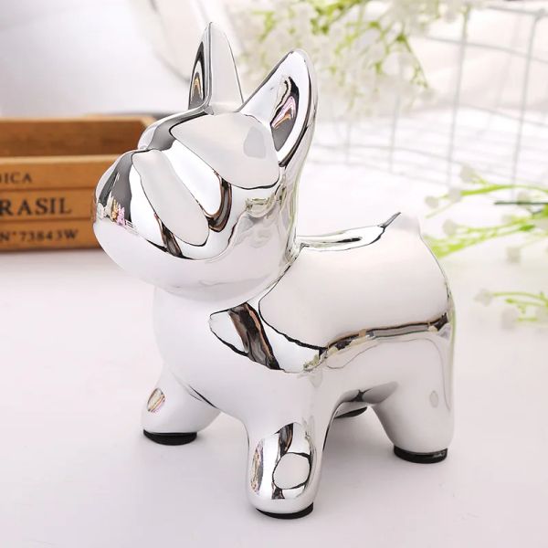 Caixas Silver French Bulldog Piggy Bank, Crafts de cerâmica europeia, caixa de dinheiro criativa, decoração de casa, ornamentos de cofrinho fofos