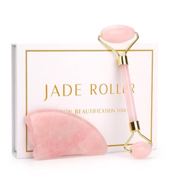 Rullo al quarzo rosa dimagrante massaggiatore viso strumento di sollevamento giada naturale rullo per massaggio viso pietra massaggio della pelle set per la cura della bellezza Box3923578