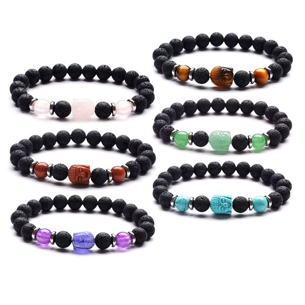 Testa di Buddha intagliato Quarzo rosa Occhio di tigre Ametista Braccialetti con perline rotonde da 8 mm Pietra naturale Pietra lavica Bracciale elastico con perline Gioielli di moda