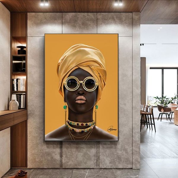 Donna nera con occhiali da sole Pittura a olio sul muro Decorazione moderna Tela Wall Art Immagini Cuadros Giallo donna africana Poster232U