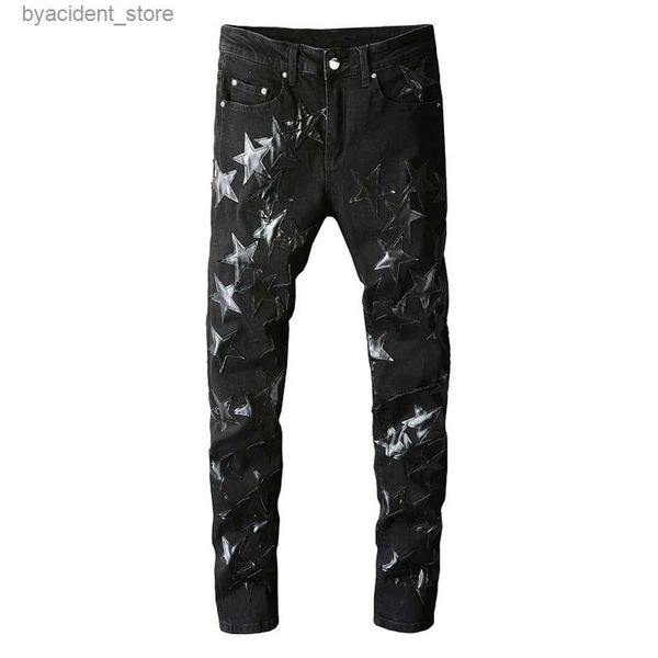 Erkek kot pantolon deri yıldızlar yama kot pantolon siyah streç denim kalem pantolon ince sıska patchwork pantolon l240313