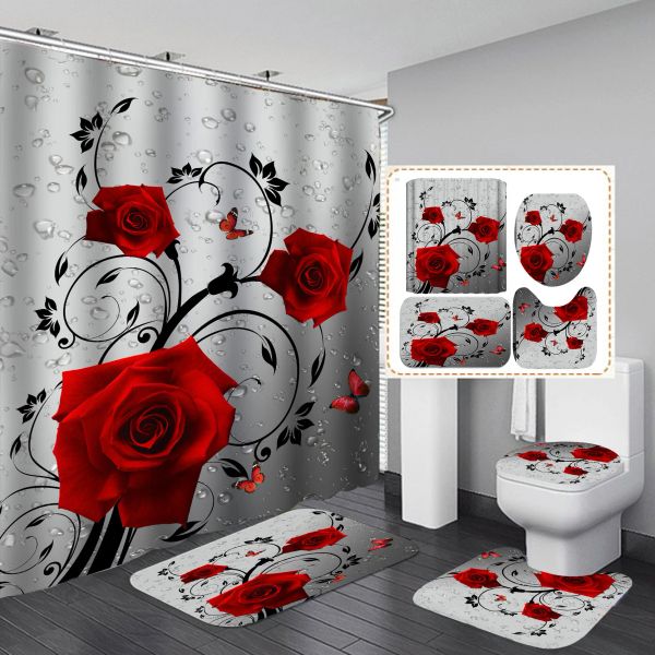 Cortinas românticas rosas cortina de chuveiro poliéster à prova d'água moda flores tapete conjunto de banheiro acessórios de banho à prova de mofo