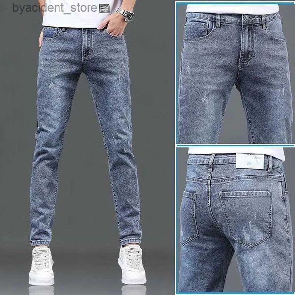 Jeans masculinos primavera outono magro azul jeans barato cowboy lavagem estilo coreano adolescentes luxo hip hop elegante denim moda calças magras l240313
