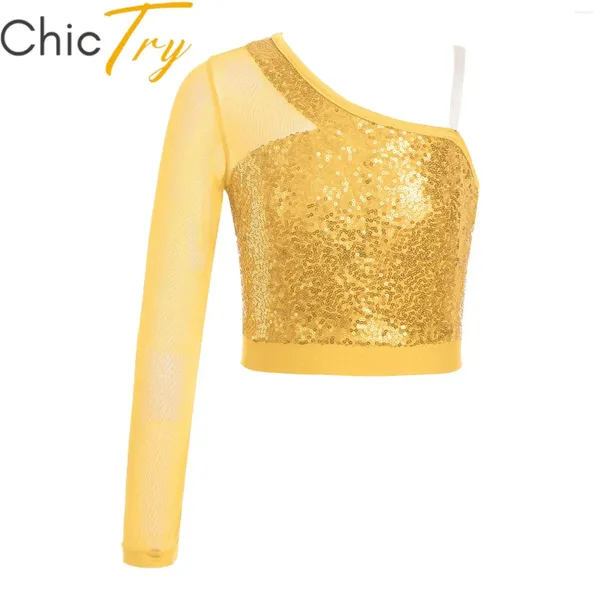 Abbigliamento da palco Per bambini Ragazze Crop Top Danza jazz Cheerleader Performance Dancewear One spalla Shiny Paillettes Canotta Costumi da ballerina