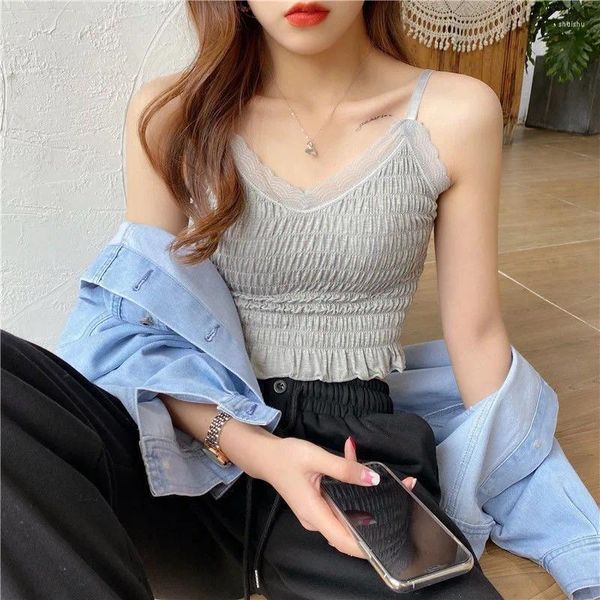 Damen Tanks Grau Korea Japan Dame Frauen Mädchen Mode Denim Sling Top Weste Schönheit Spitze BH Leibchen Tops Strumpfhosen ärmellos schlank Sommer