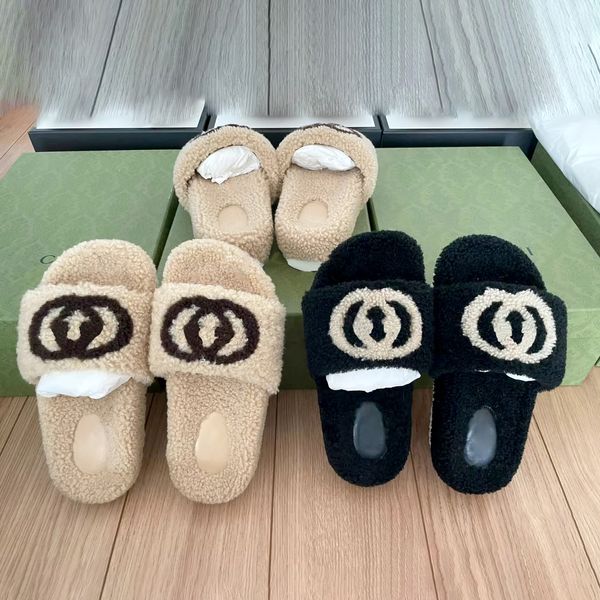 Top-Qualität Stickereien Slipper Sandale Frauen Loafer Fuzzy Mann flach Teddybär 2024Neue Luxus Sliders Shearling Designer Winter warme Fuzzy Slide Mule Box Großhandel