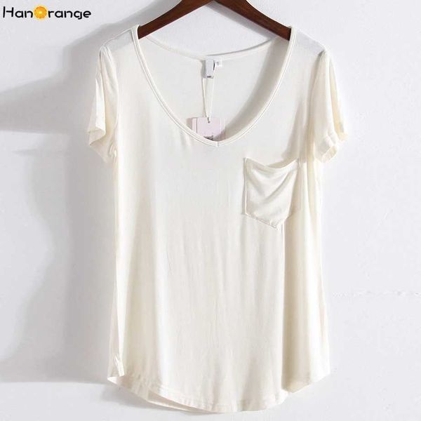 T-shirt feminina Hanorange Modal bolso Summer Summer Short Loose Women V-deco