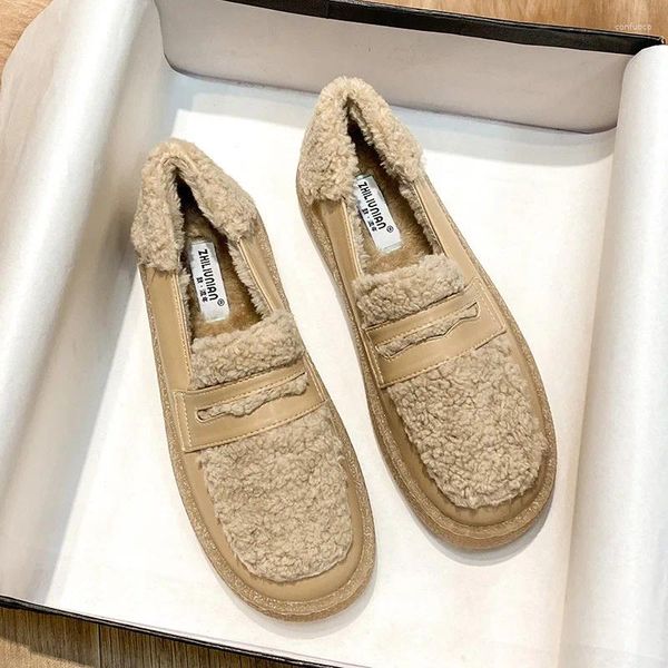 Freizeitschuhe im Plüsch-Stil für Damen-Oberbekleidung, Trifle-Baumwolle mit dicken Sohlen sowie flauschige Erbsen und Pedal-Slipper zum Warmhalten