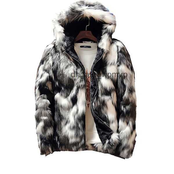 Cappotto di pelliccia moda invernale Abbigliamento da uomo Giacca con cappuccio con cerniera in pelliccia sintetica spessa stampata in bianco e nero a maniche lunghe