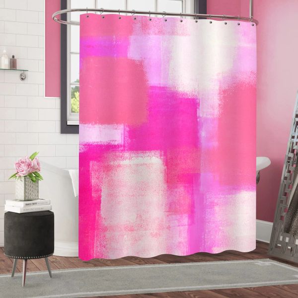 Cortinas de chuveiro rosa quente com ganchos, cortina de chuveiro abstrata ombre estilo grunge, rosa escuro pêssego arte pincel de pintura decoração de banheira