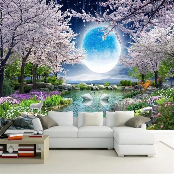 3D-Tapete, Mondlicht, Schönheit, Mond, Blume, guter Mond, Kirschblütenbaum, Landschaft, HD, hochwertige Innendekoration, Wandpapier328I