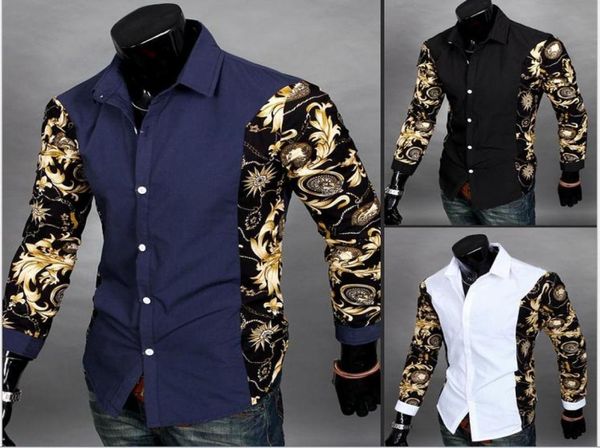 FashionMen Parte Impressão Floral Padrão Design Turn Down Collar Manga Comprida Patchwork Camisa Masculina 5283357