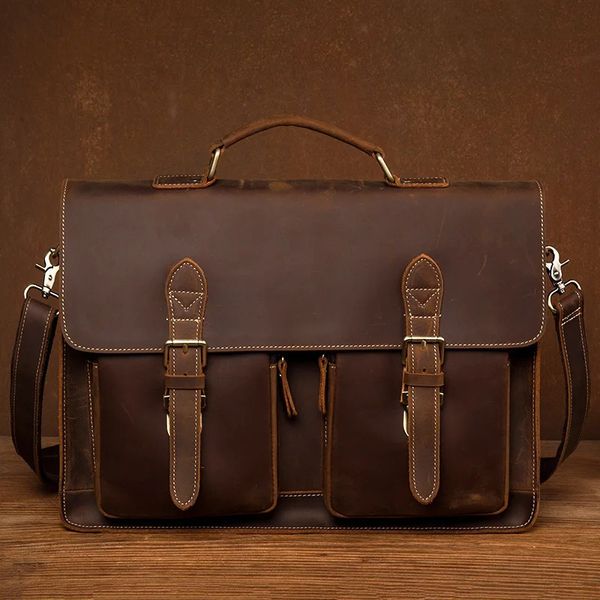 Vintage handgemachte Crazy Horse Leder Handtasche große Kapazität Aktentasche für Männer 15 Laptoptasche Arbeit Business 240313