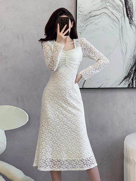 Vestidos casuais retro primavera outono vestido bege francês mulheres colarinho quadrado oco renda manga longa cintura alta magro senhora escritório