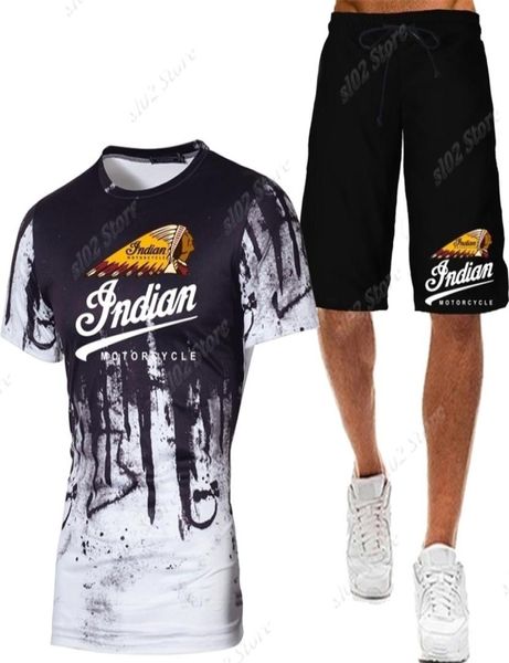 Herren039s Indian Skull Camouflage Gedruckt Kurzarm TeesSuits Plus Größe Männer Sportwear Motorrad Racing T-shirt Shorts Tracks4483654
