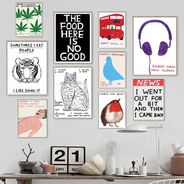 Calligrafia David Shrigley Tiger Auricolare Granchio Gelato Gatto Wall Art Nordic Poster Stampe Su tela Pittura Immagini a parete Living Room Decor