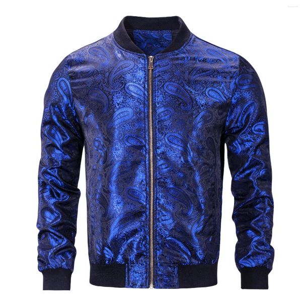 Giacche da uomo Cravatta alta Blu navy Paisley Giacca da uomo Jacquard Bomber leggero Giacca a vento casual Uniforme da baseball Cappotto con cerniera esterna