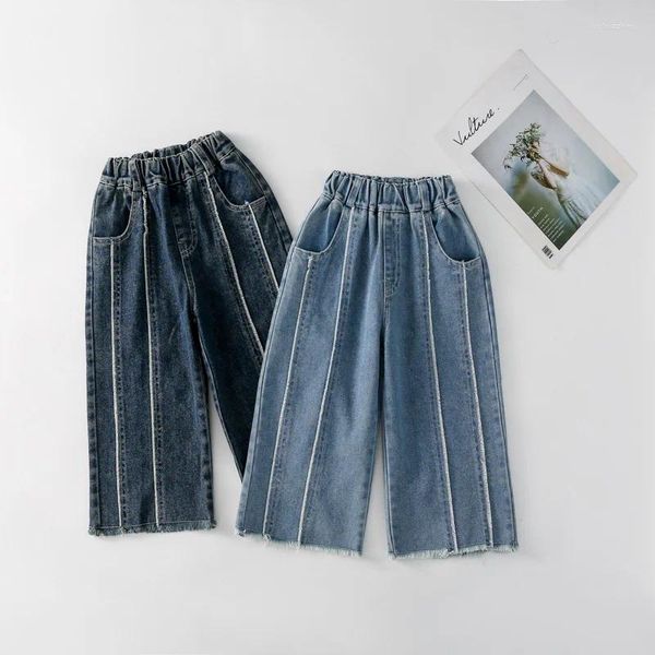 Pantaloni 8758 Jeans da ragazza coreani Primavera 2024 Pantaloni in denim da ragazza alla moda Bordo grezzo 2-7 anni per bambini