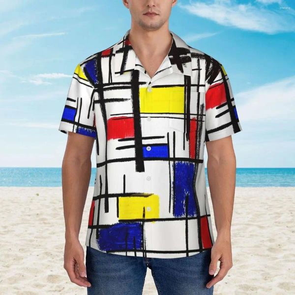 Camisas casuais masculinas arte moderna férias camisa mens mondrian minimalista verão de manga curta gráfico elegante blusas de grandes dimensões presente