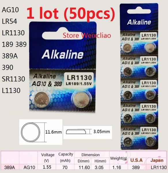 50 Stück 1 Los AG10 LR54 LR1130 189 389 389A 390 SR1130 L1130 155 V Alkaline-Knopfzellen-Knopfbatterien 9434249