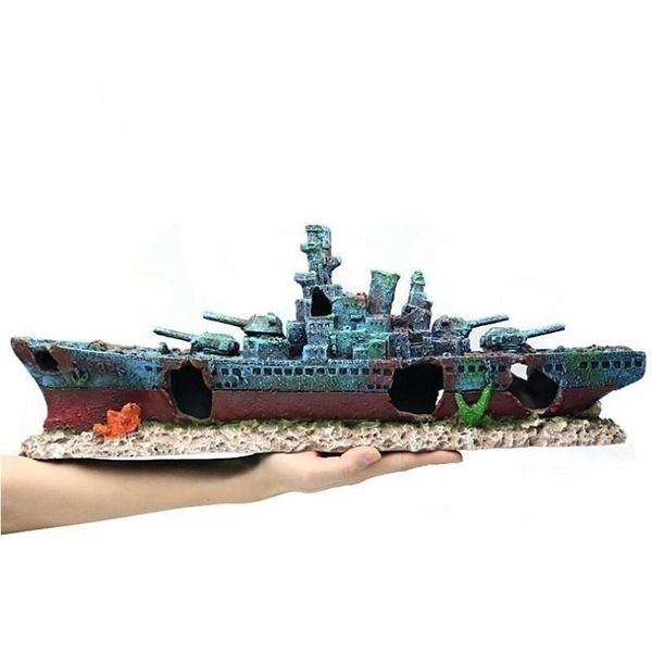 47x9 5x12cm Marinha Navio de Guerra Navio de Batalha Resina Barco Aqaurium Tanque Decoração de Peixe Ornamento Subaquático Ruína Naufrágio Paisagem A9154 Y2002676