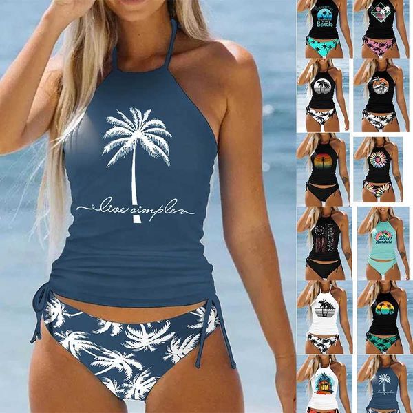 Swim wear verão novo alto elástico 3d coqueiro impresso bikini conjunto de duas peças amarradas sexy senhoras praia maiô S-6XL esportes aquáticos 240311