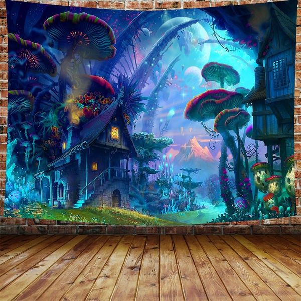 Cogumelo psicodélico floresta conto de fadas tapeçaria animais selvagens cartaz mural para quarto dormitório277q