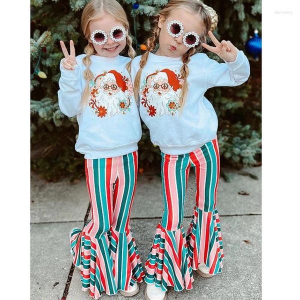 Conjuntos de roupas Focusnorm 3 cores criança crianças meninas roupas de natal 0-4y papai noel / árvore impressão moletom tops listrados calças largas
