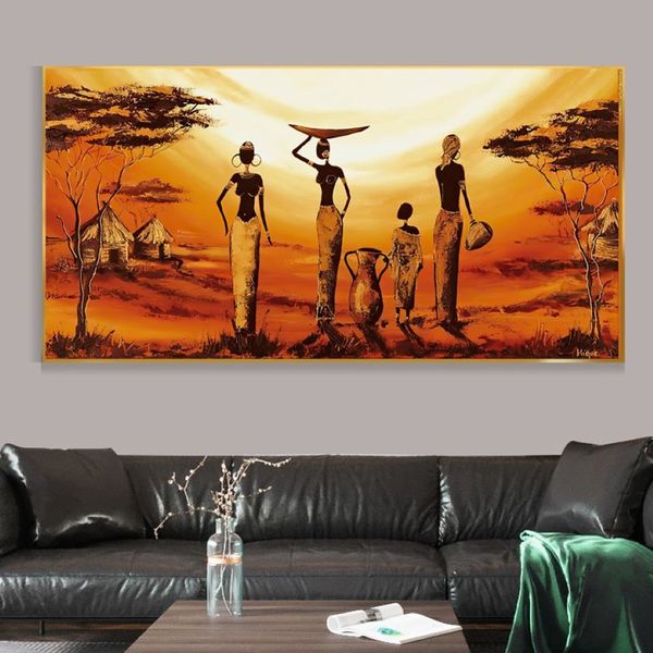 Afrikanische Frauen Sonnenuntergang Leinwand Malerei Abstrakte Landschaft Poster und Drucke Wand Bilder für Wohnzimmer Home Gang Dekoration310T