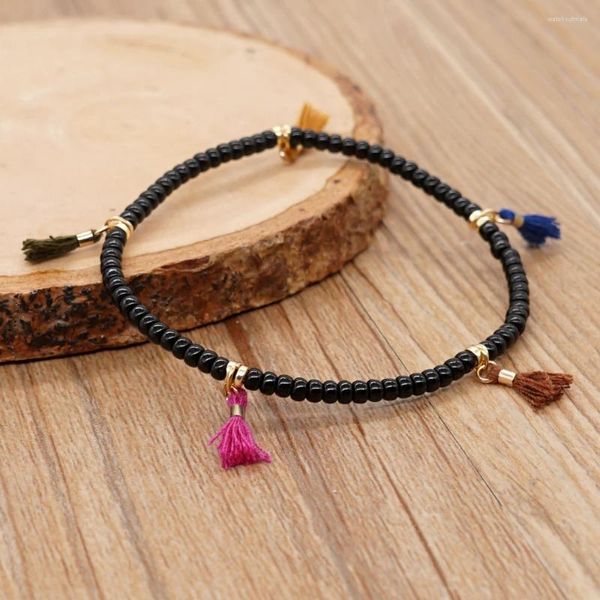 Bracciali a maglie Go2BoHo Bracciale nero Gioielli di moda fatti a mano Tinta unita Seme in rilievo Nappe multicolori Distanziatore disco dorato per le donne