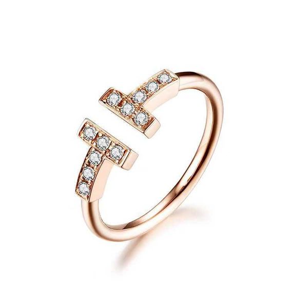 Anel aberto duplo T de designer com diamantes para mulheres banhado a ouro 18k rosa leve luxo pequeno e médio ajustável de alta qualidade diamante banda T LMU6