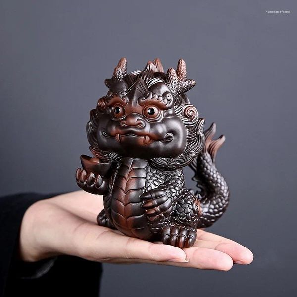 Tea Pets Ceramica viola Drago cinese Ornamenti per animali domestici Statue mascotte Ornamento da cerimonia Artigianato da tavolo