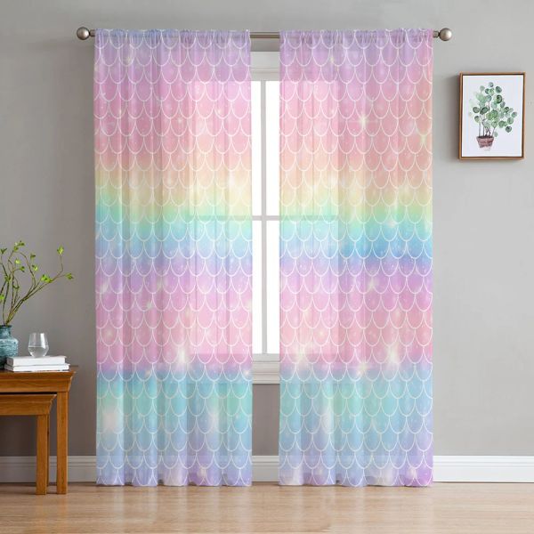 Cortinas sereia escalas oceano arco-íris chiffon transparente para sala de estar quarto decoração de casa janela voiles cortina de tule