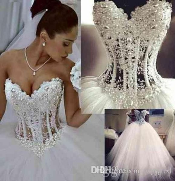 Querida decote vestido de baile vestidos de casamento espartilho ver através do chão princesa vestidos de noiva frisado rendas pérolas custom made7286363