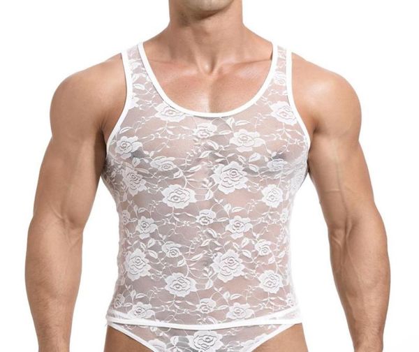 Sexy Spitze Herren Tank Tops Transparent Mesh Singlet Unterwäsche Homosexuell Exotische Hause Lounge Schlaf Tragen Unterhemd Sommer Weste9033605