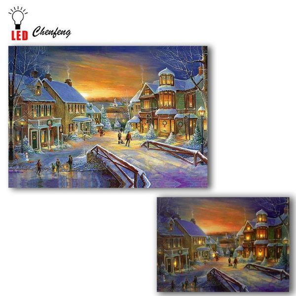Stampa artistica su tela a LED Notte di città di Natale in inverno Immagine da parete Illumina tela Pittura illumina poster stampa regalo di festa T2262m