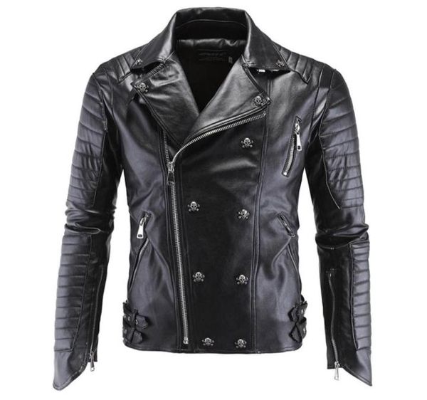 Giacche in pelle da uomo Giacche da moto nere Teschi Rivetti Cerniera obliqua Slim Fit Quilting Giacche in pelle punk8541764