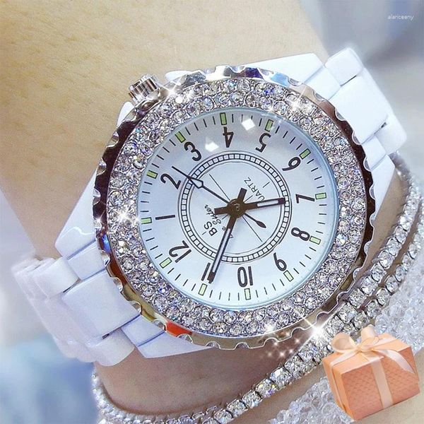 Armbanduhren BS Elegante Keramikuhr für Frauen Kostenlose Shiping Luxusmarken Strass Wasserdichte Damen Montre Femme 2024