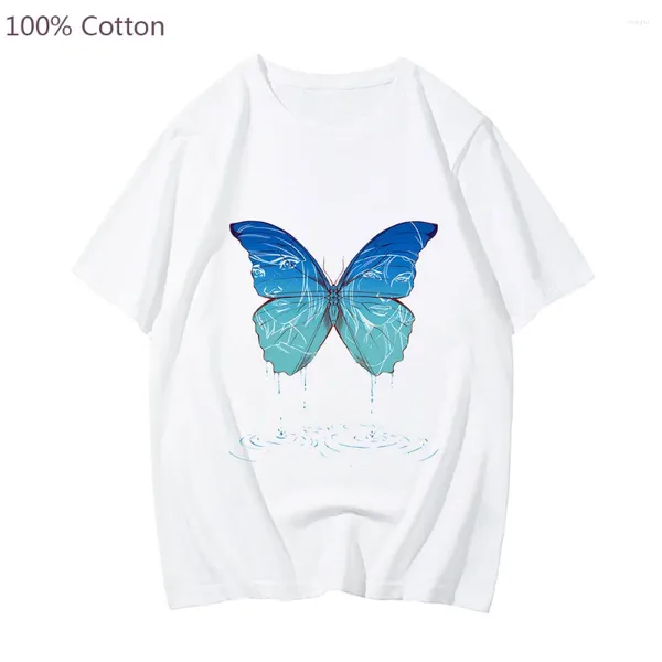 Camiseta masculina a vida é estranha borboleta azul bonito manga t-shirts anime camiseta de algodão macio camiseta masculina feminina gráfico crewneck