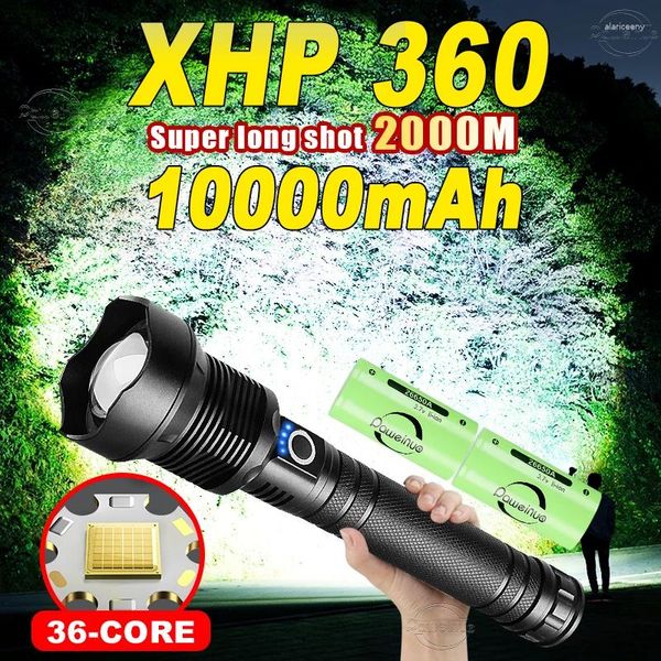 Lanternas Tochas 10000mAh Poderosa XHP360 USB Recarga Lanterna 18650 26650 LED Zoom Tocha IPX65 Lanterna Tática Camping Lâmpadas de Mão