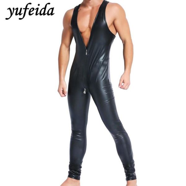 Macacão masculino macacão calças compridas uma peça bodysuit preto couro falso pu wrestling singlet collant sem mangas colete roupa interior2484882