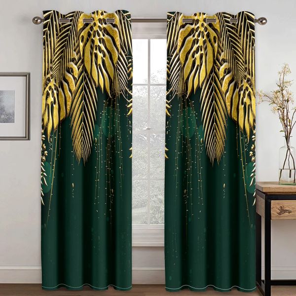 Cortinas luxuosas com folhas de flor dourada verde, cortinas rústicas de janela vintage para sala de estar, quarto infantil, porta de cozinha, decoração de casa, 2 peças