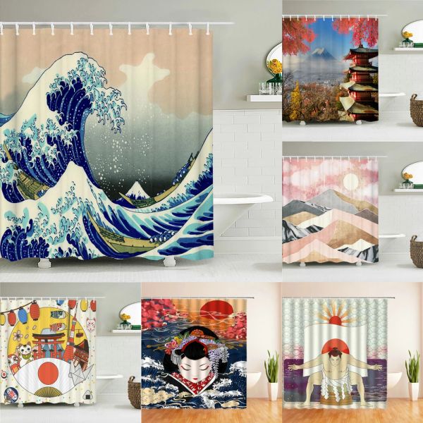 Cortinas estilo japonês cortina de chuveiro pintura a tinta 3d cortina de banheiro à prova d'água com ganchos 180*240cm cortina de chuveiro tecido de poliéster